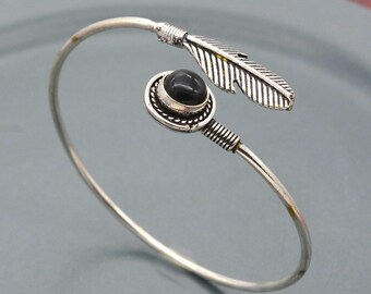 Natuurlijke zwarte onyx edelsteen armbanden, messing vergulde engelenvleugels veren armbanden, verstelbare armbanden, veren armband, cadeau voor moeder