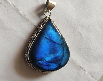 Collana Artigianale In Argento 925 Con Pietra Labradorite Blu Fuoco – 18 Pollici – Fatto A Mano In India