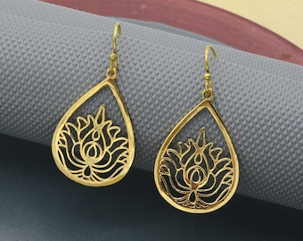 Raw Brass Crescent Lotus Drop Earrings: Occult Jewelry