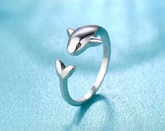Delfin Ring, Coole Ringe, Natur Ring, Offener Ring, Wickelring, Verstellbarer Ring, Ozean Ring, Fisch Ring, Delfin Schmuck, Silber Ring