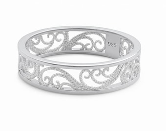 Vintage style silver wedding band, Filigree wedding ring, Nature silver band, Men wedding band, Women wedding ring
