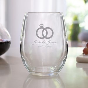 Etched 12 oz Stemless Wine Glasses - Wedding Favor Gift - Engraved Wedding Favor - Wedding Rings