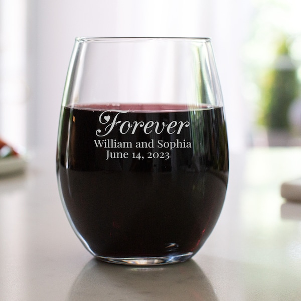 Etched 9 oz Stemless Wine Glasses - Wedding Favor Gift - Engraved Wedding Favor