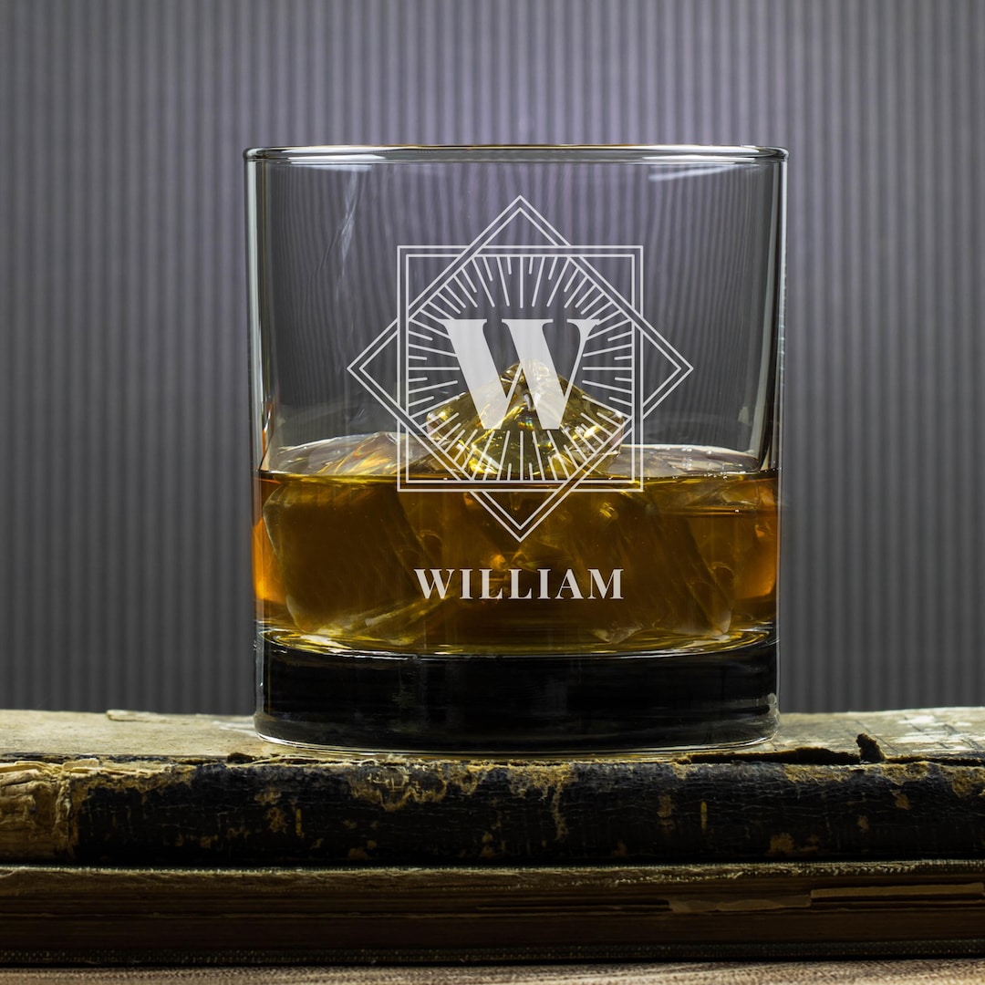 Monogram Whiskey Glass Square Initial Design Custom Engraved Rocks ...