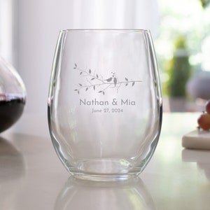 Etched 9 oz Stemless Wine Glasses - Wedding Favor Gift - Engraved Wedding Favor - Love Birds