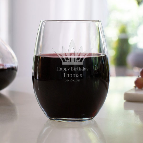 Etched 9 oz Stemless Wine Glasses - Birthday Favor Gift - Engraved Party Birthday Favor - Crown Tiara