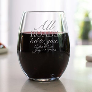 Etched 9 oz Stemless Wine Glasses - Wedding Favor Gift - Engraved Wedding Favor