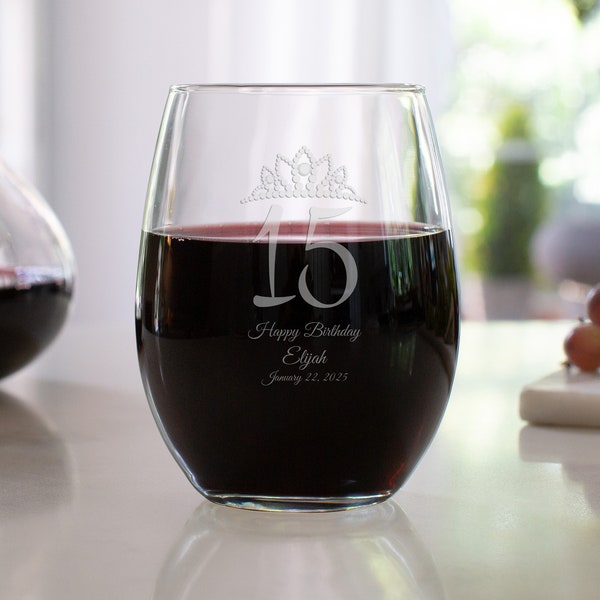 Etched 9 oz Stemless Wine Glasses - Birthday Favor Gift - Engraved Party Birthday Favor - Sweet 15