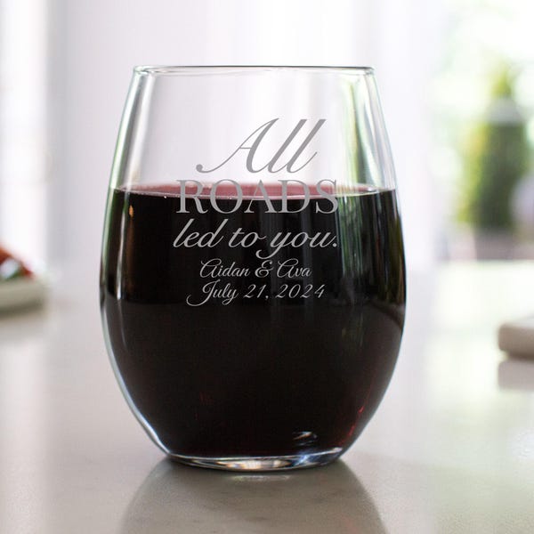 Etched 12 oz Stemless Wine Glasses - Wedding Favor Gift - Engraved Wedding Favor