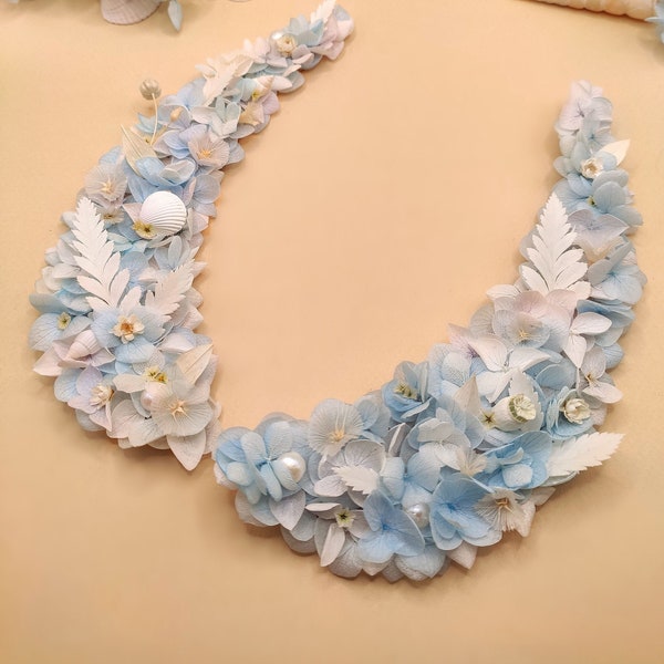 Col claudine fleuri NAUSICAA amovible fleurs séchées et stabilisées BLEU coquillage perle customisation accessoire mariage, cérémonie