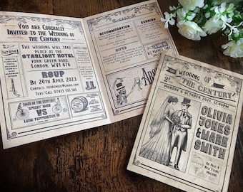 Personalised Folding Vintage Style Steampunk, Newspaper, Wedding Invite, Invitation, RSVP & Guest Information