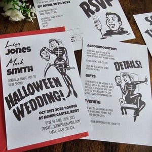 Faire-part de mariage rétro Halloween personnalisé, faire-part, carte "Retenez cette date", carte d'informations pour les invités, carte RSVP
