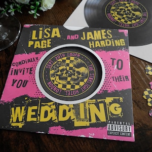 Personalised Punk Rock Album Record Inspired Wedding Invite, Invitation, RSVP & Guest Information with envelopes.