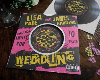 Personalised Punk Rock Album Record Inspired Wedding Invite, Invitation, RSVP & Guest Information with envelopes.