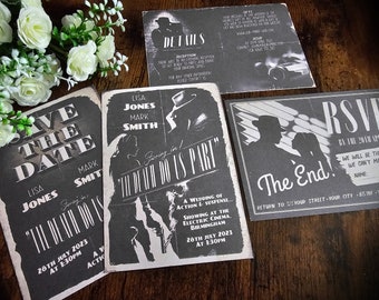 Personalised Printed Classic Noir Detective Movie Wedding Invite, Invitations, Save The Date, Guest information, RSVP