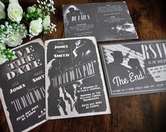 Personalised Printed & Digital Classic Noir Detective Movie Wedding Invite, Invitations, Save The Date, Guest information, RSVP