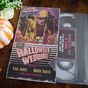 Personalised Bride of Frankenstein Halloween Movie VHS Tape Inspired Wedding Invite, Invitation, RSVP & Guest Information with envelopes.