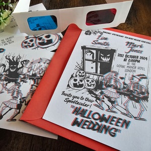 Faire-part de mariage personnalisé rétro 3D Halloween Rockabilly Psychobilly, faire-part, informations, carte postale RSVP avec enveloppes et lunettes 3D