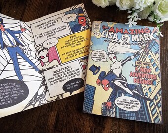 Personalised Folding Retro Comic Book, Super Hero, Wedding Invite, Invitation, RSVP & Guest Information