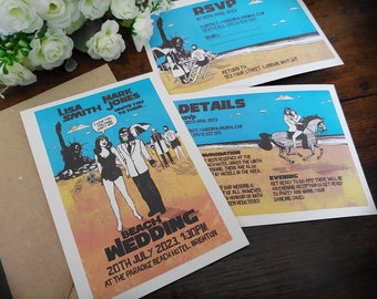 Personalised Retro Planet of the Apes Beach Wedding Invite, Invitations, Save The Date card, Guest information card, RSVP Postcard