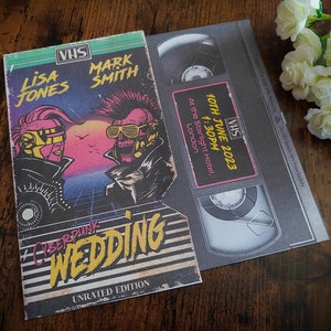 Personalised Cyberpunk Movie VHS Tape Inspired Wedding Invite, Invitation, Save The Date, RSVP & Guest Information with envelopes.