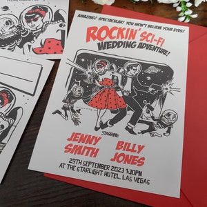 Faire-part de mariage personnalisé rockabilly psychobilly rétro science-fiction, faire-parts, carte d'informations pour les invités, carte postale RSVP avec enveloppes