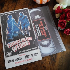 Personalised 80&#39;s Halloween Horror Movie VHS Tape Inspired Wedding Invite, Invitation, RSVP, Save the Date & Guest Information