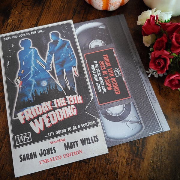 Personalised 80's Halloween Horror Movie VHS Tape Inspired Wedding Invite, Invitation, RSVP, Save the Date & Guest Information