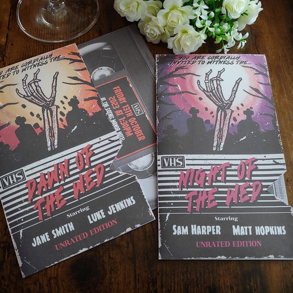 Personalised 80's Horror Zombie Movie VHS Tape Inspired Wedding Invite, Invitation, RSVP & Guest Information with envelopes.