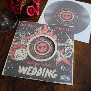 Personalised Psychobilly, Rock Album, Record Inspired Wedding Invite, Invitation, RSVP & Guest Information with envelopes.