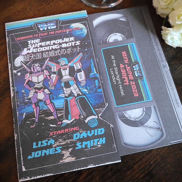 Personalised 80's Cartoon, Anime Robots VHS Tape Inspired Wedding Invite, Invitation, Save The Date, RSVP & Guest Information