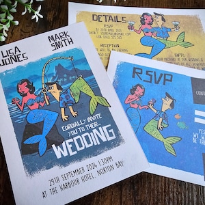 Faire-part de mariage personnalisé avec sirène rétro sur la plage tropicale, faire-parts, carte « Save The Date », carte d'informations pour les invités, carte RSVP