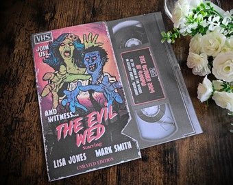 Personalised 80's Halloween Horror Zombie Movie VHS Tape Inspired Wedding Invite, Invitation, RSVP, Save the Date & Guest Information