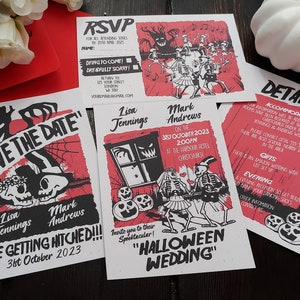 Personalised Retro Spooky Halloween Wedding Invite, Invitations, Save The Date card, Guest information card, RSVP Postcard