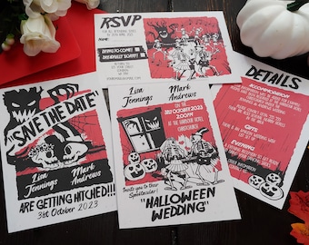 Personalised Retro Spooky Halloween Wedding Invite, Invitations, Save The Date card, Guest information card, RSVP Postcard