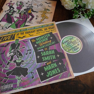 Personalised Psychobilly, Rock Album, Frankenstein Record Inspired Wedding Invite, Invitation, RSVP & Guest Information with envelopes.