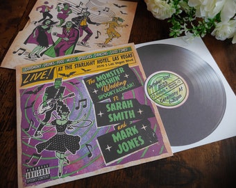 Psychobilly Wedding Invitation: Frankenstein Rock Album Design with Guest information, RSVP, Save the Date