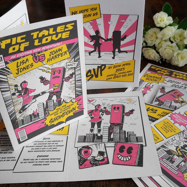 Personalised Folding Comic Book Wedding Invite, Invitation, RSVP & Guest Information