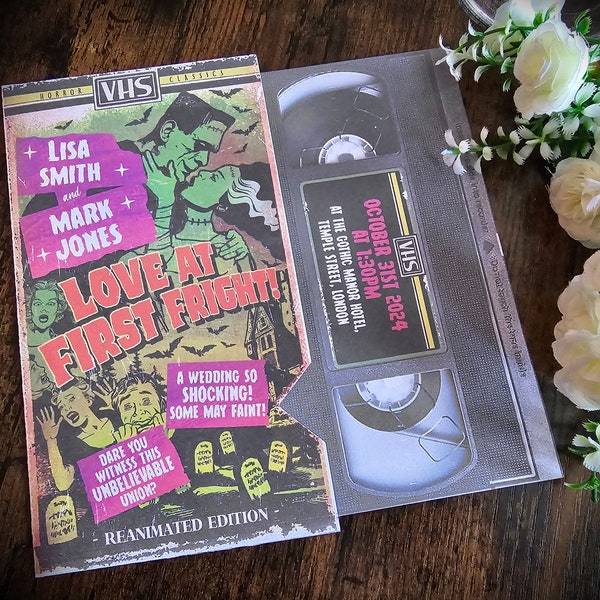 Personalised Bride of Frankenstein Halloween Movie VHS Tape Inspired Wedding Invite, Invitation, RSVP & Guest Information with envelopes.