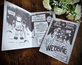 Personalise Folding Retro Sci-Fi Comic Book Wedding Invite, Wedding Invite, Invitation, RSVP & Guest Information