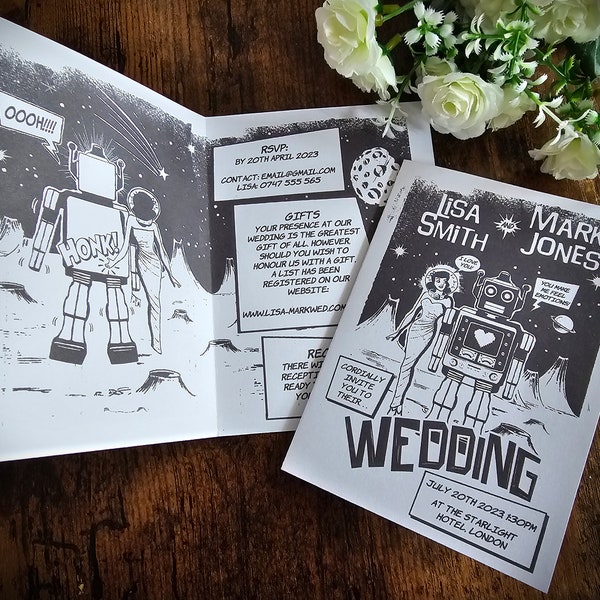 Personalise Folding Retro Sci-Fi Comic Book Wedding Invite, Wedding Invite, Invitation, RSVP & Guest Information