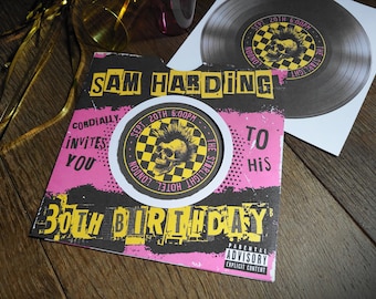 Personalised Punk Rock Album Record Inspired Birthday Party Invite, Invitation, RSVP with envelopes.