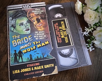 Personalized Retro Horror Movie VHS Wedding Invitation, Bride of Frankenstein, Wolf Man, Save the Date, RSVP