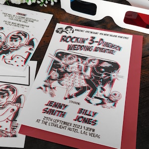 Faire-part de mariage rockabilly psychobilly rétro 3D science-fiction personnalisé, faire-part, informations, carte postale RSVP avec enveloppes et lunettes 3D