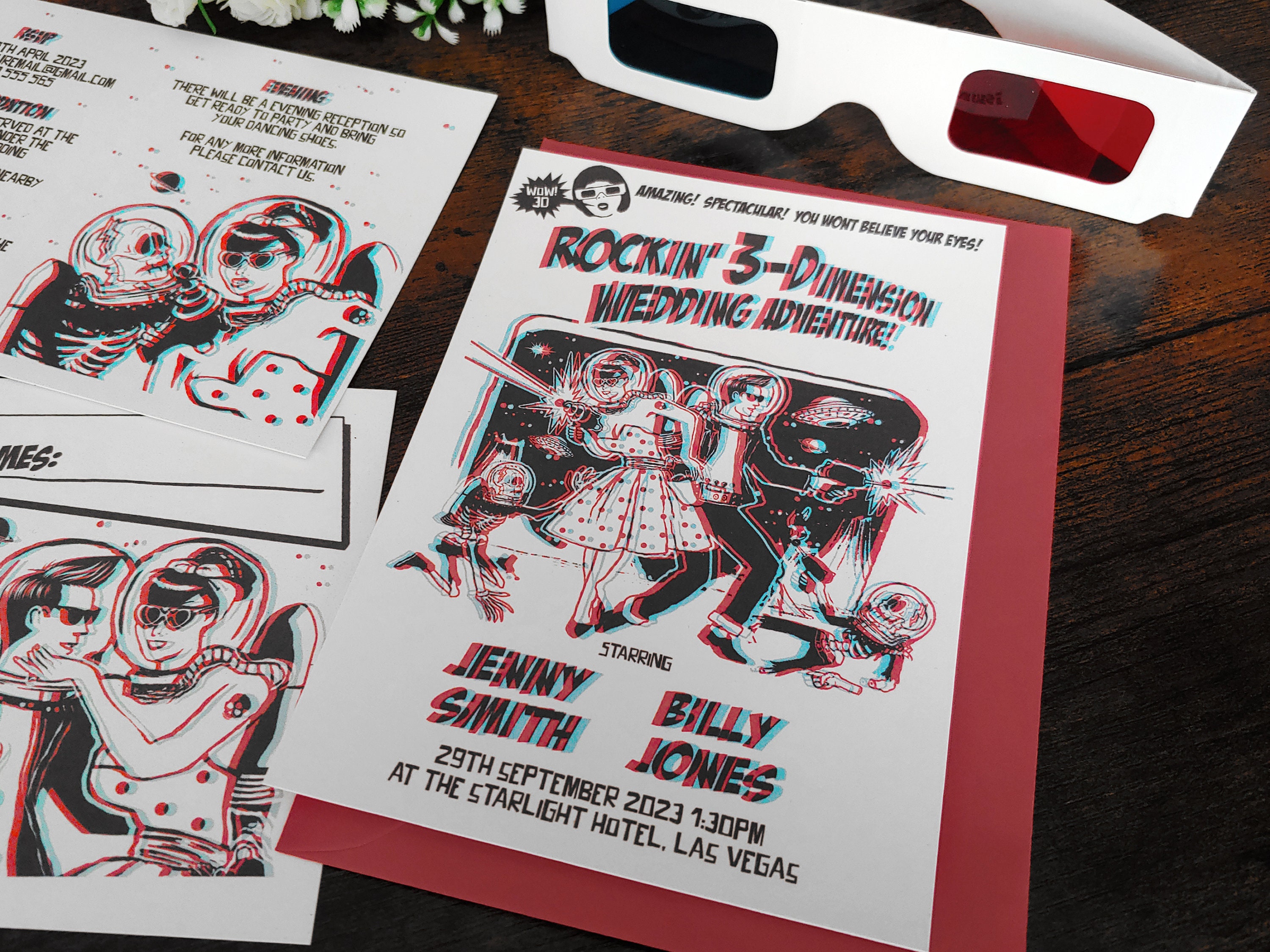 Invitación de boda personalizada de ciencia ficción rockabilly en 3D con  sobres y vasos - Etsy México, image size:3000x2250