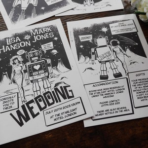 Personalised Printed Retro Sci-Fi Comic Book Wedding Invite, Invitations, Save The Date, Information card, RSVP Card