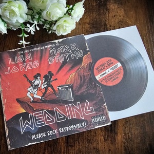 Album rock classique personnalisé, faire-part de mariage inspiré d'un disque de métaux lourds, invitation, RSVP et informations pour l'invité avec enveloppes.