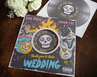 Personalised Psychobilly, Day of The Dead, Calavera Rock Album Wedding Invite, Invitation, RSVP & Guest Information with envelopes.