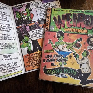 Personalised Folding Halloween Horror Bride of Frankenstein Comic Book Wedding Invite, Invitation, RSVP & Guest Information