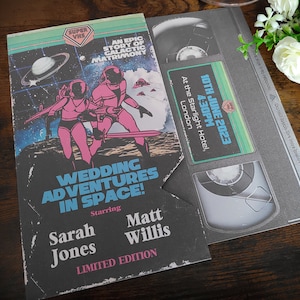 Personalised 80's sci-fi Fantasy Movie VHS Tape Inspired Wedding Invite, Invitation, RSVP & Guest Information with envelopes.